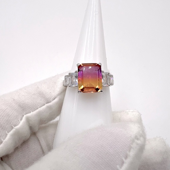 .925 Sterling Silver Padparadscha Sapphire Cz Ring - Picture 3 of 17